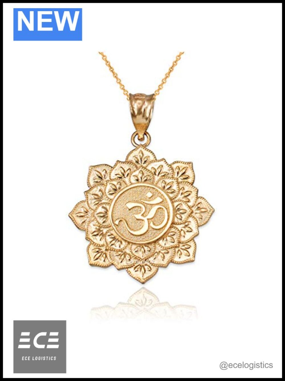 14K Yellow Gold Om Lotus Mandala Pendant Necklace Polished